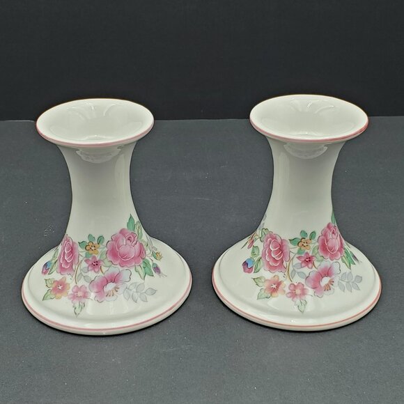 Elizabeth Arden Pink Floral Candlesticks Pink Flowers Taper Candle Holders - Picture 1 of 10